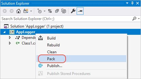 NuGet pack command on the Visual Studio project context menu