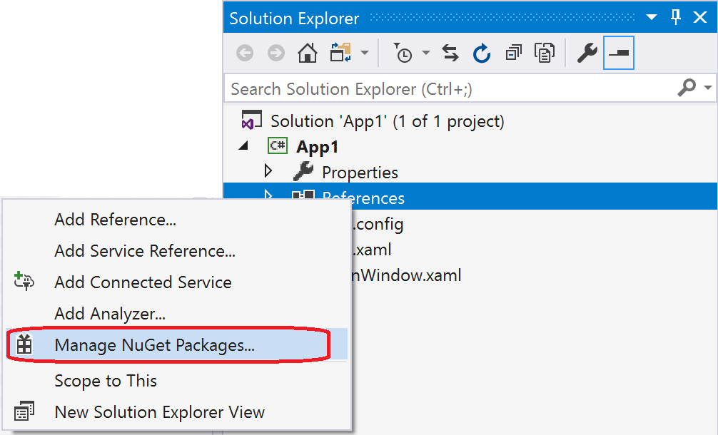 Manage NuGet Packages command for project References
