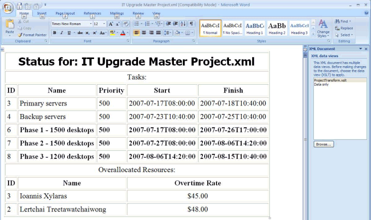 Transformed Project XML file