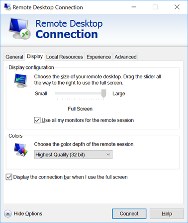 Remote Desktop Connection app showing the display tab and selecting Use all my monitors for the remote session.