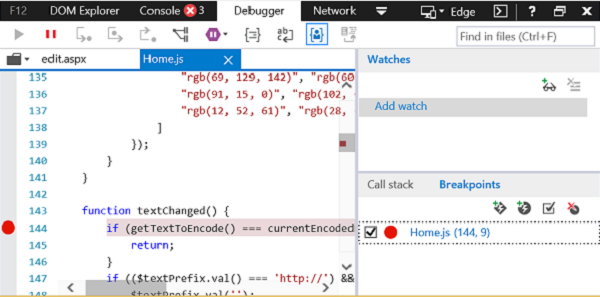 Debugger with breakpoint in home.js file.