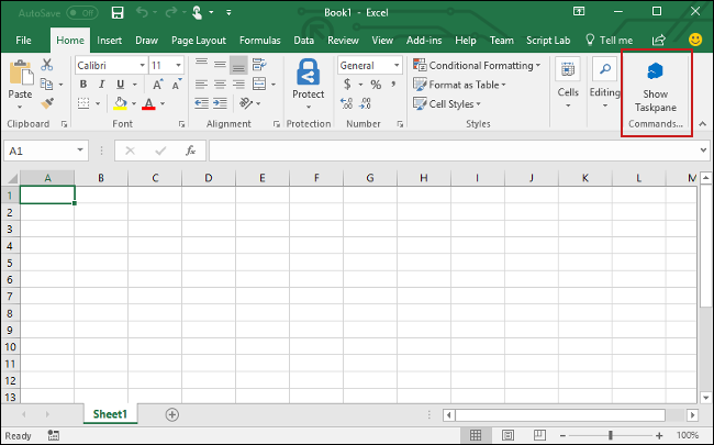 Screenshot of the Excel Home menu, with the Show Taskpane button highlighted.