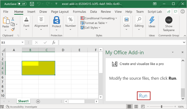 Screenshot of Excel, with the add-in task pane open, and the Run button highlighted in the add-in task pane.