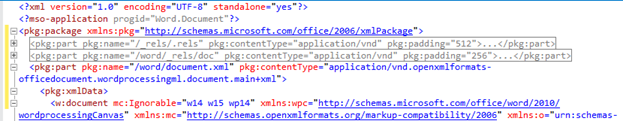 Office Open XML code snippet for a package part in Visual Studio.