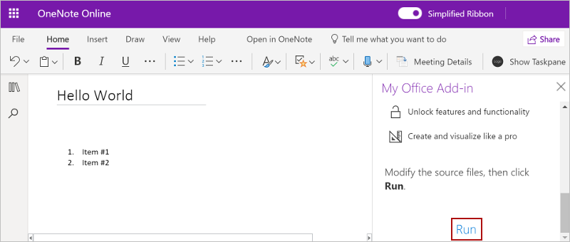Screenshot showing the add-in built from this walkthrough: Show Taskpane ribbon button and task pane in OneNote.