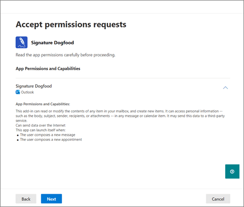 The "Accept permissions requests" screen when deploying a new app.