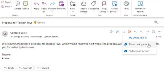 A message window in Outlook on the web with the "Show task pane" option selected.