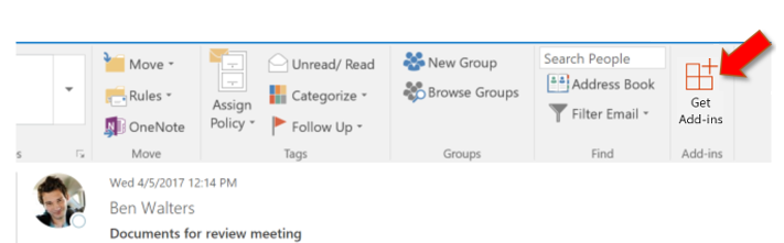Outlook 2016 ribbon pointing to Get Add-ins button.