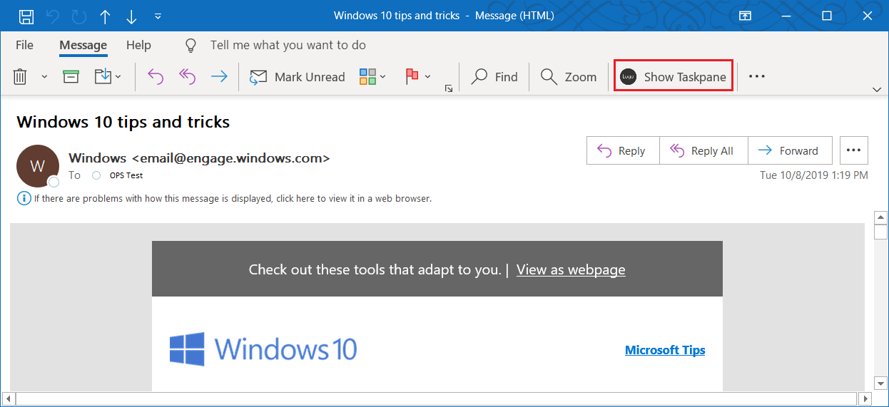 Screenshot showing a message window in Outlook with the add-in ribbon button highlighted.