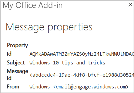 Screenshot of the add-in's task pane in Outlook on the web displaying message properties.
