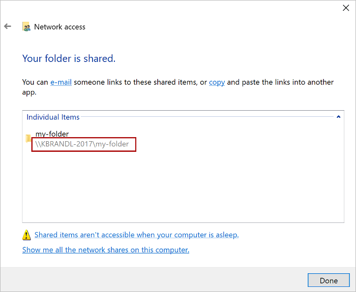 Network access dialog with the share path highlighted.