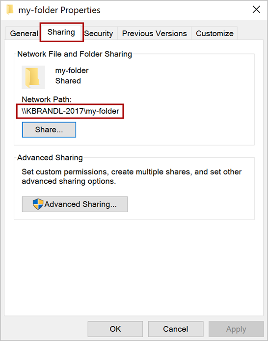 Folder Properties dialog with the Sharing tab and network path highlighted.