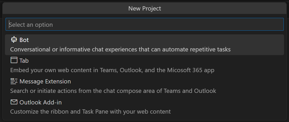 The four options in New Project drop down. The fourth option is called 'Outlook add-in'.