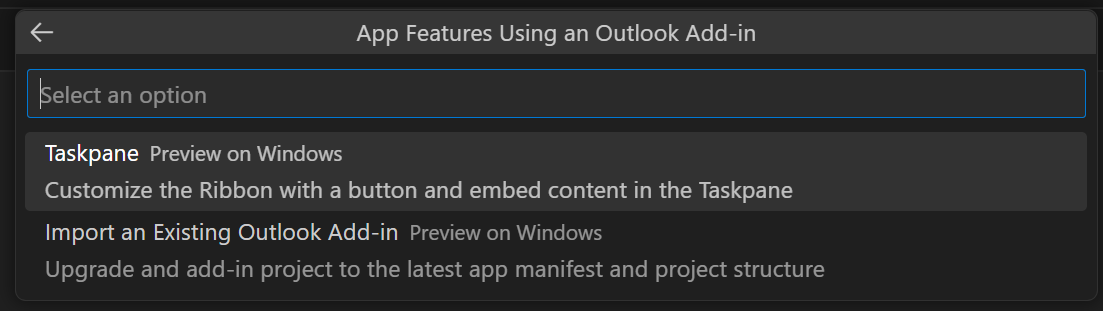 The two options in the App Features Using an Outlook Add-in drop down. The first option 'Taskpane' is selected.