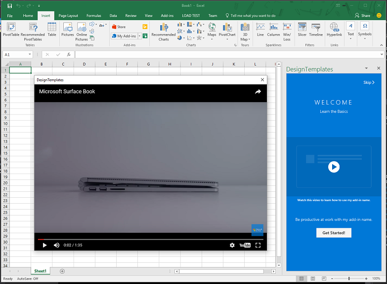 Screenshot showing a video playing in an add-in dialog box in front of Excel.
