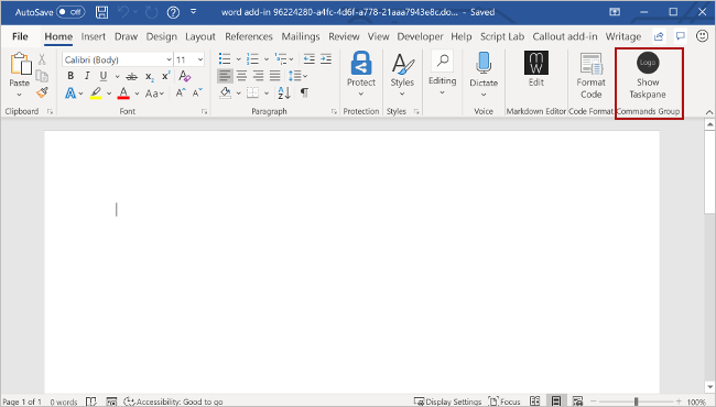 Screenshot showing the Word application with the Show Taskpane button highlighted.