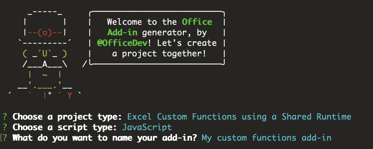 The Yeoman Office Add-in generator command line interface prompts for custom functions projects.