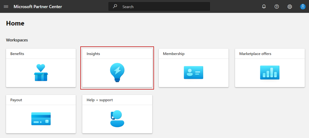 Screenshot of the insights tile on the Partner Center home page.