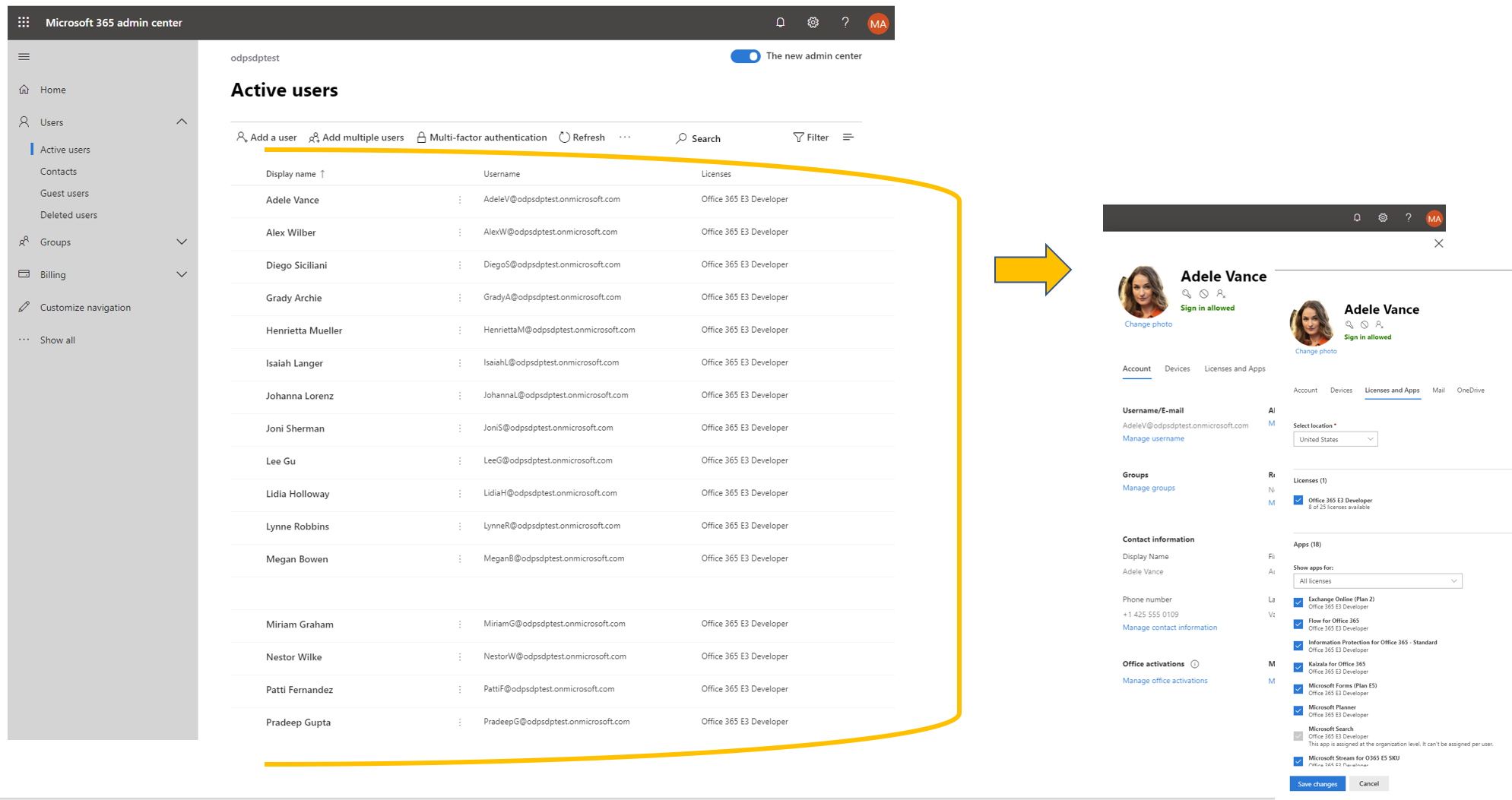 Screenshot of 16 users in the Microsoft 365 Admin Center, with metadata for a selected user