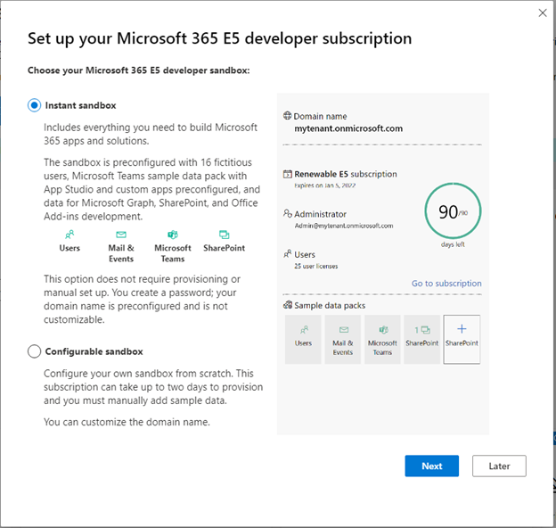 Screenshot of the Set up your Microsoft 365 E5 developer subscription dialog box