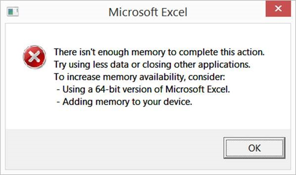 The details of the error about no enough memory to complete this action that occurs when you use an Excel workbook.