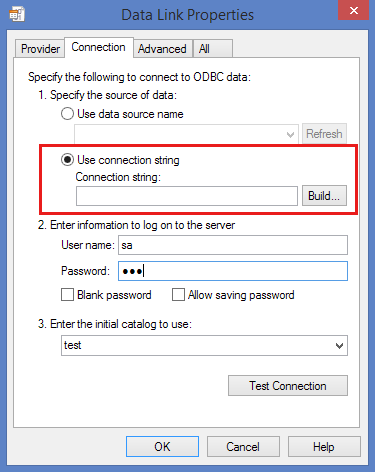 Screenshot to select the Build option after selecting the Use connection string option.