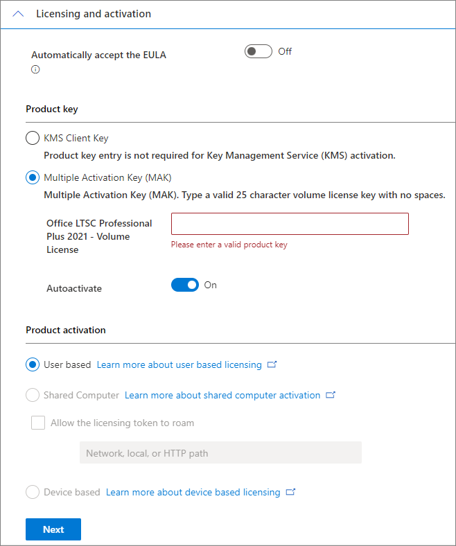 Screenshot of the page to select licensing and activation options.