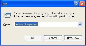 Select Start, select Run, and type msiexec /regserver in the Open box, and then select OK.