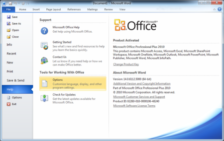 Screenshot to select Options under the Tools for Working with Office heading.