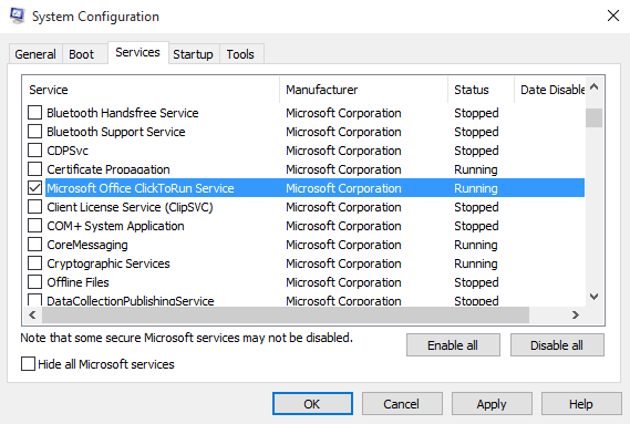 Screenshot to select the Microsoft Office ClickToRun Service check box.