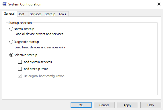 Screenshot to clear the Load system services and Load startup items check boxes.