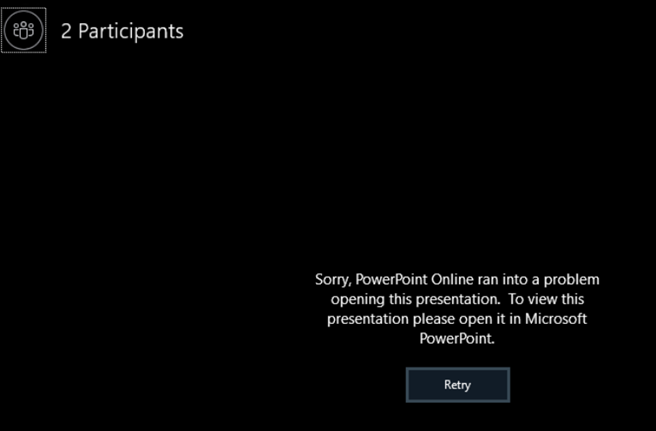 Screenshot of the error, showing PowerPoint Online ran into a problem.