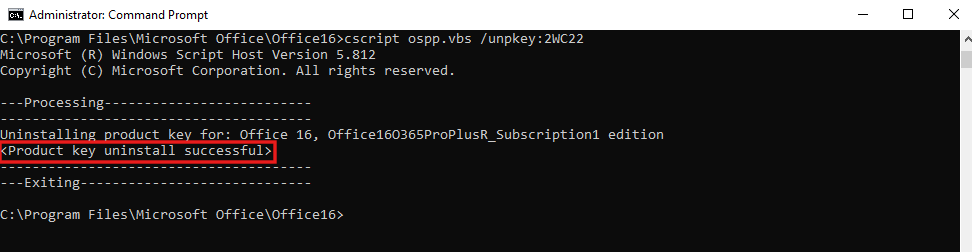 Output shows Uninstalling product key for Office 16, and the message Product key uninstall successful