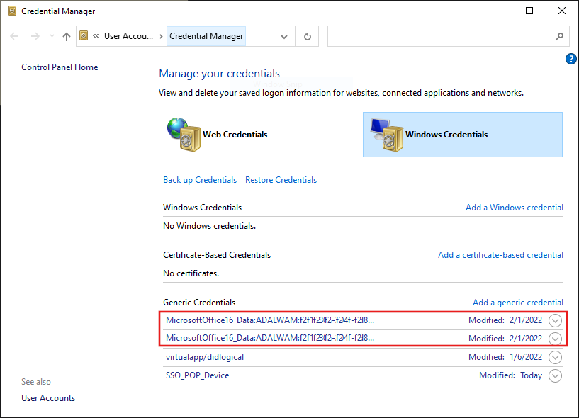 Credential Manager example shows two entries for Office