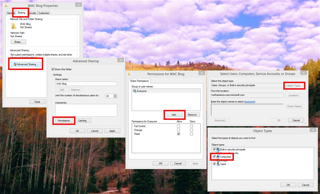 Screenshot to add a workbook to a folder and then share the folder on the W A C server.