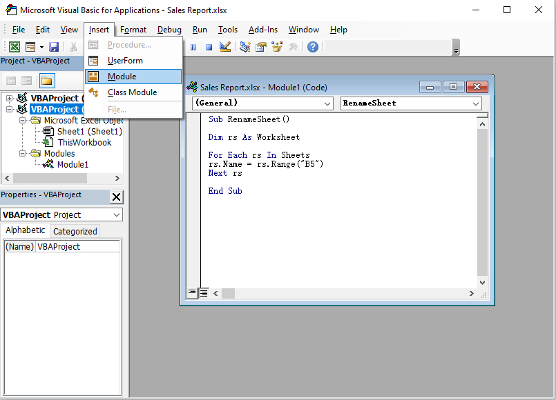 Screenshot shows steps to write the script in the Sales Report.xlsx workbook.