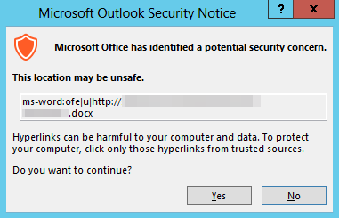 Screenshot of the warning in the Outlook Security Notice dialog box.
