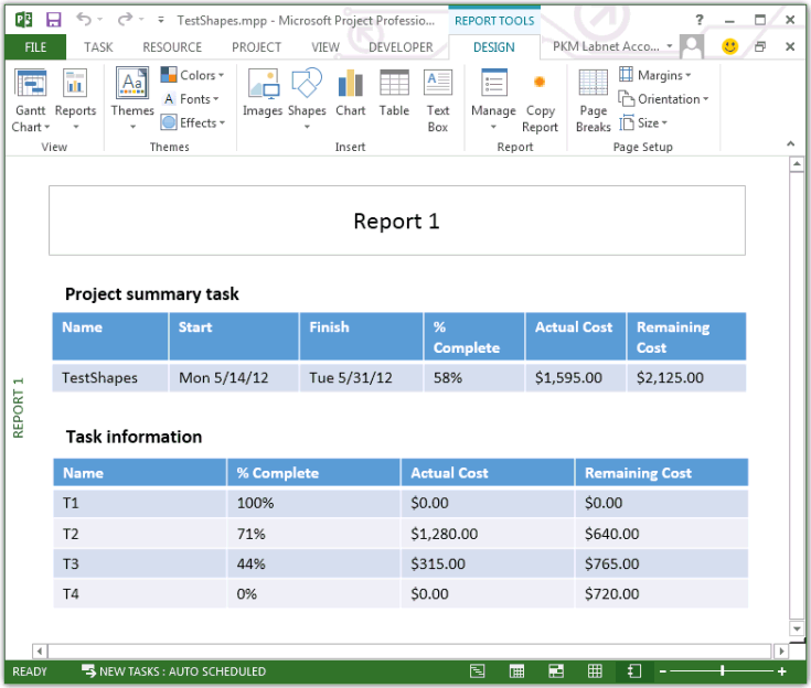 Report with two tables and three text boxes
