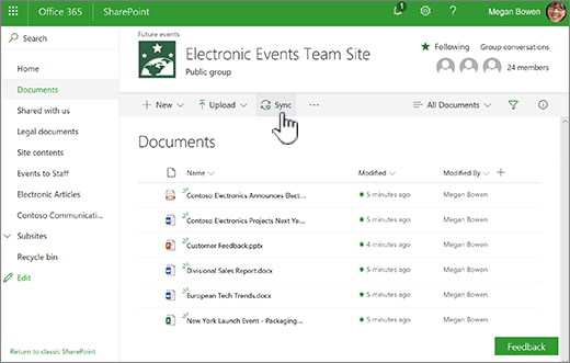 Document library with Sync button selected
