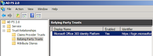 Screenshot shows the Relying Party trust created for O365.