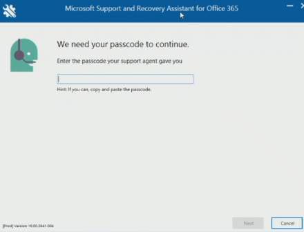 Enter the passcode in Microsoft Support and Recovery Assistant for Microsoft 365 page.