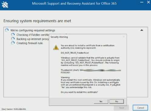 The Security warning window that occurs when ensuring system requirements are met.