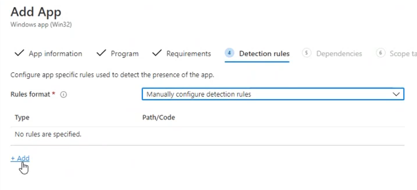 Screenshot to select Manually configure detection rules, and then select Add option.