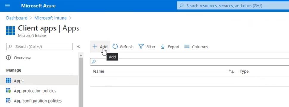 Screenshot shows steps to select the Add option in the Microsoft Intune Apps dashboard.