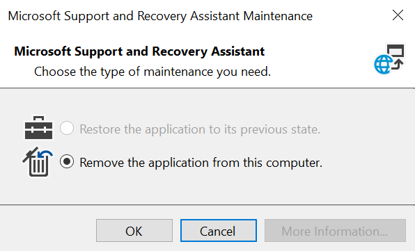 Screenshot shows the user interaction on the Microsoft Support and Recovery Assistant Maintenance page.