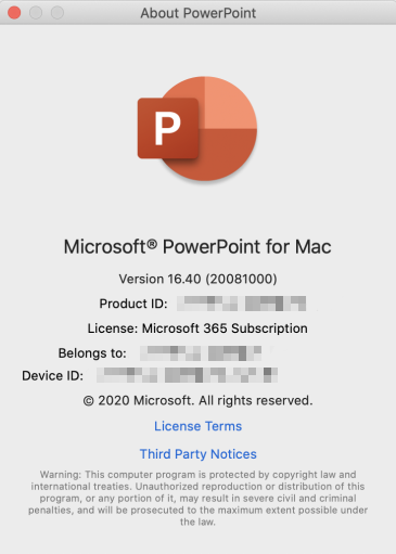 Screenshot shows the subscription license type after selecting About PowerPoint.