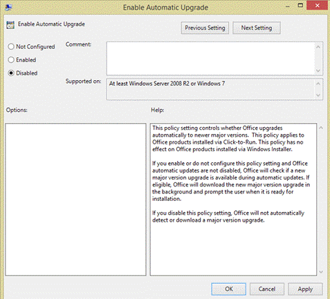 Screenshot to select the Disable option in the Enable Automatic Upgrade dialog box.