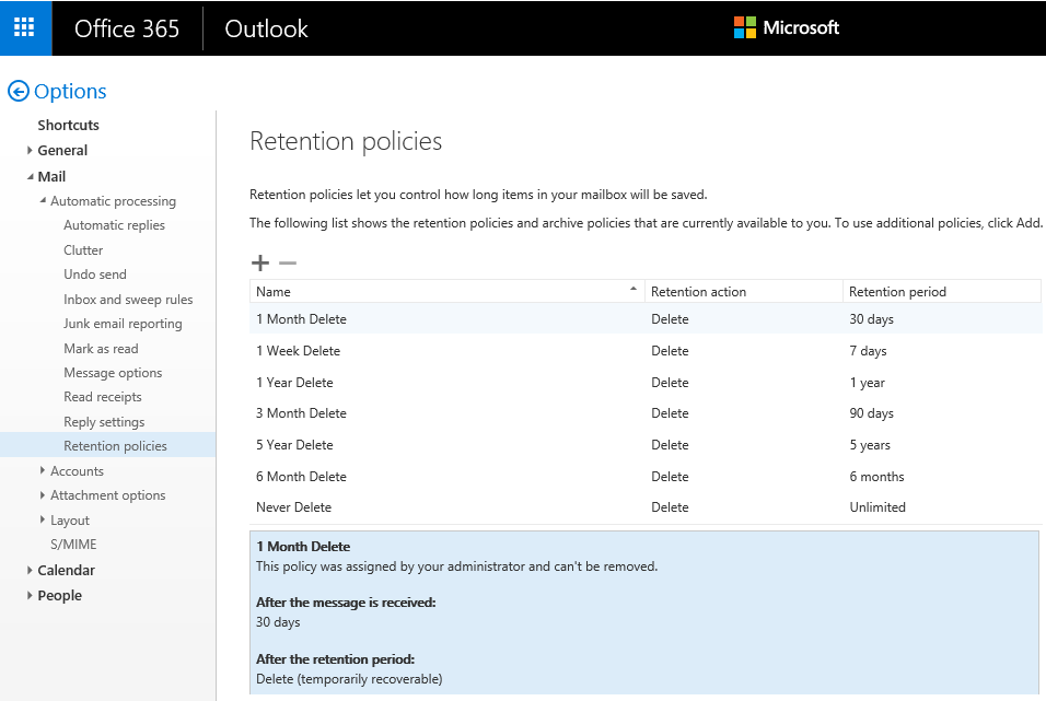 Screenshot of the Retention Policies page through O W A.