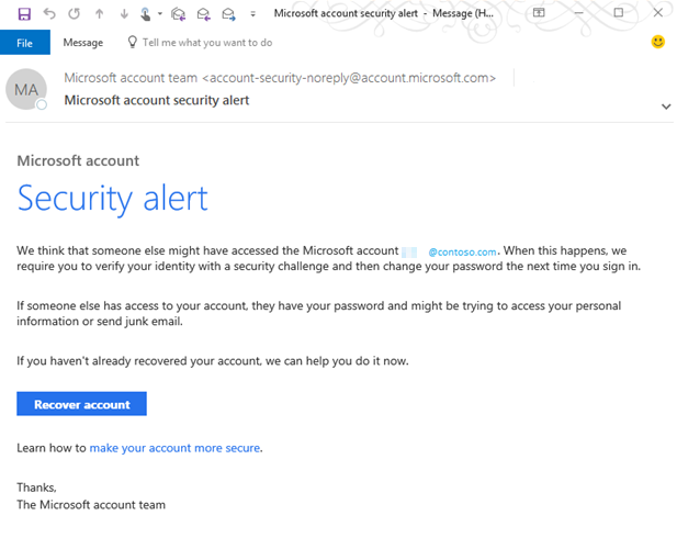 Screenshot of the Microsoft account security alert message.