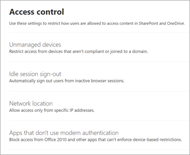 Access control page in the SharePoint admin center